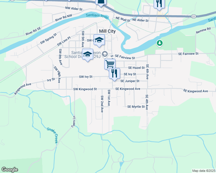 map of restaurants, bars, coffee shops, grocery stores, and more near 111 Southwest Kingwood Street in Mill City