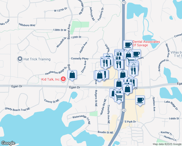 map of restaurants, bars, coffee shops, grocery stores, and more near 14130 Virginia Way in Savage