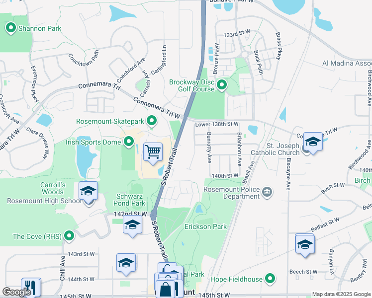 map of restaurants, bars, coffee shops, grocery stores, and more near 13830 South Robert Trail in Rosemount