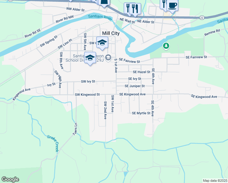 map of restaurants, bars, coffee shops, grocery stores, and more near 111 Southwest Kingwood Street in Mill City