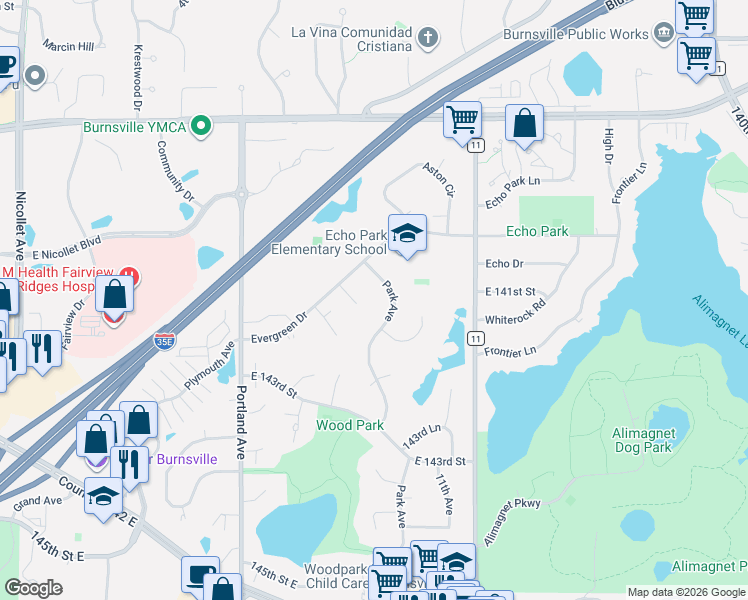 map of restaurants, bars, coffee shops, grocery stores, and more near 839 Evergreen Circle in Burnsville