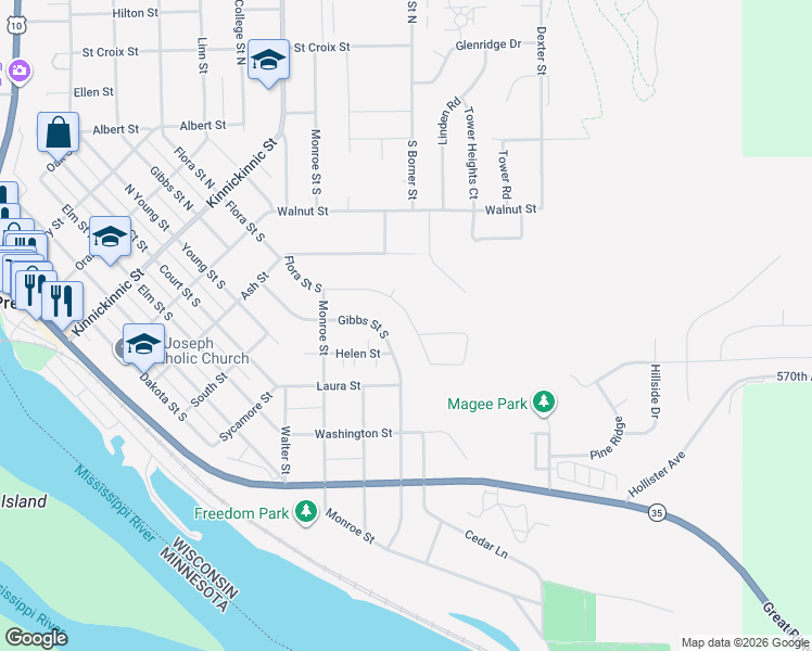 map of restaurants, bars, coffee shops, grocery stores, and more near 595 Flora Square in Prescott