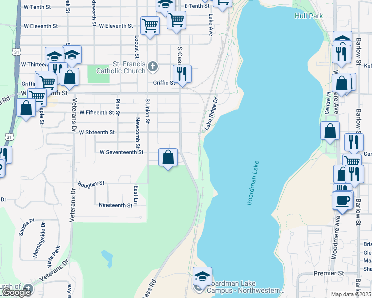 map of restaurants, bars, coffee shops, grocery stores, and more near 201 East Seventeenth Street in Traverse City