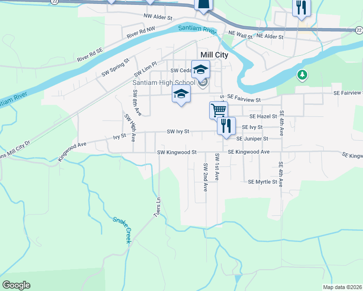 map of restaurants, bars, coffee shops, grocery stores, and more near 405 Southwest Kingwood Street in Mill City