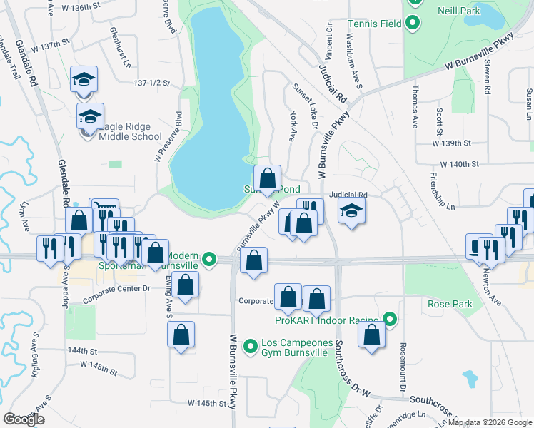 map of restaurants, bars, coffee shops, grocery stores, and more near Burnsville Parkway West in Burnsville