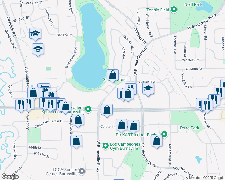 map of restaurants, bars, coffee shops, grocery stores, and more near Burnsville Parkway West in Burnsville