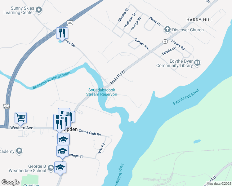 map of restaurants, bars, coffee shops, grocery stores, and more near 17 Dudley Street in Hampden