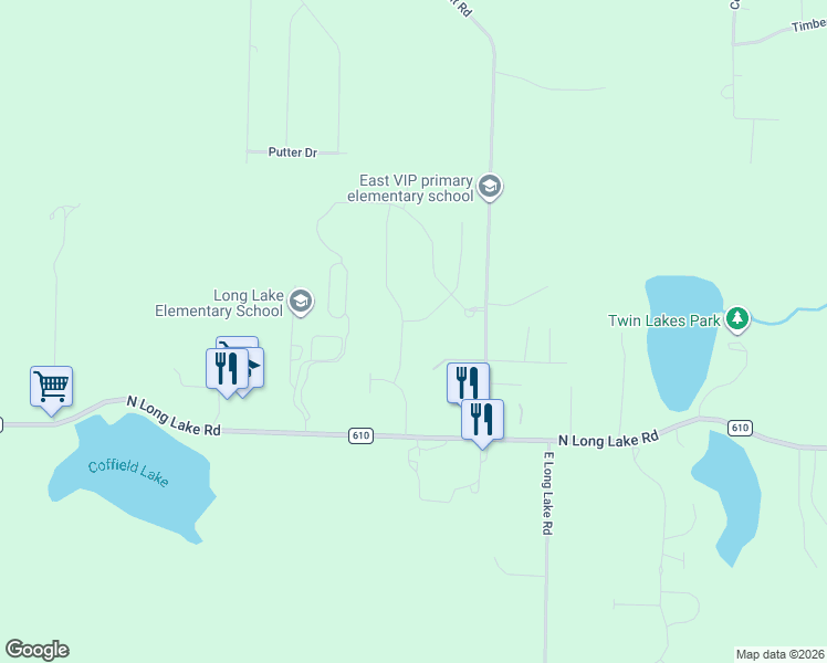 map of restaurants, bars, coffee shops, grocery stores, and more near Long Wood Drive in Traverse City