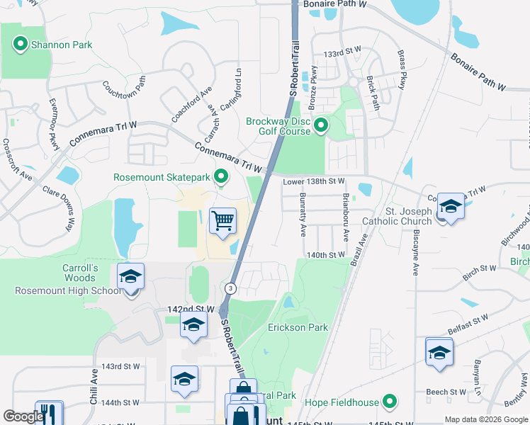 map of restaurants, bars, coffee shops, grocery stores, and more near 13830 South Robert Trail in Rosemount