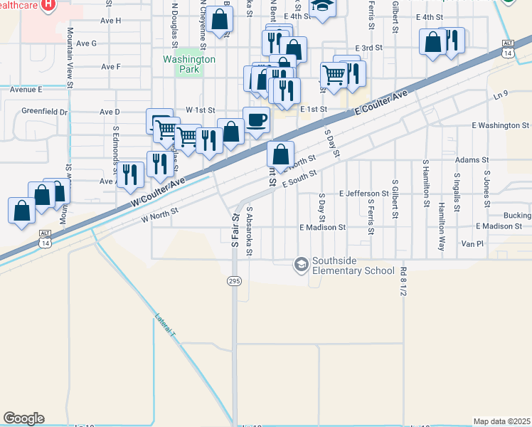 map of restaurants, bars, coffee shops, grocery stores, and more near 485 South Bent Street in Powell