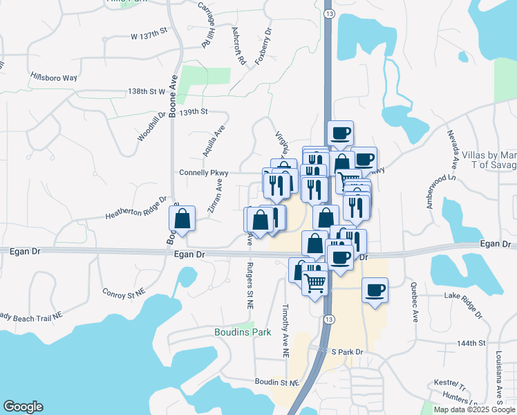 map of restaurants, bars, coffee shops, grocery stores, and more near 14125 Virginia Avenue in Savage