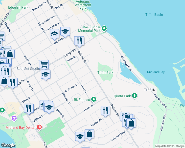 map of restaurants, bars, coffee shops, grocery stores, and more near William Street in Midland