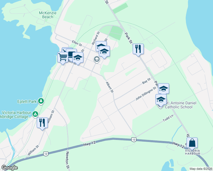 map of restaurants, bars, coffee shops, grocery stores, and more near 348 Albert Street in Simcoe County