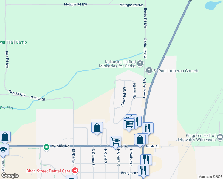 map of restaurants, bars, coffee shops, grocery stores, and more near 2248-2398 Tamara Road in Kalkaska