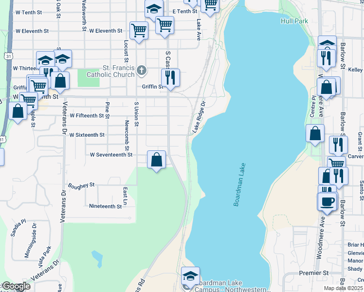 map of restaurants, bars, coffee shops, grocery stores, and more near 201-299 East 17th Street in Traverse City