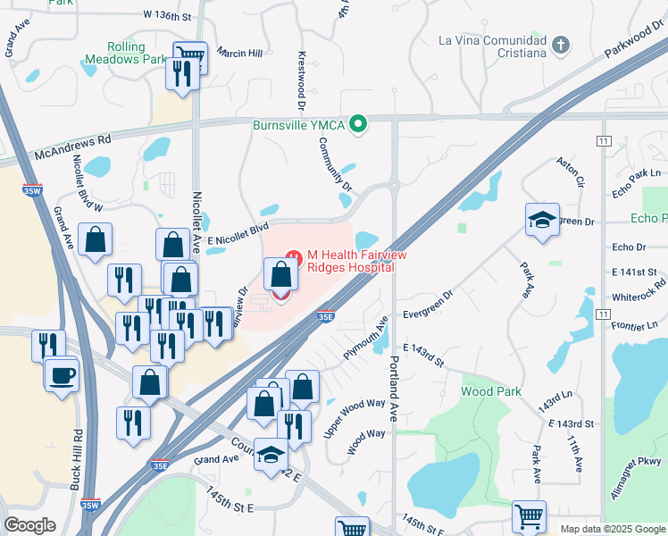 map of restaurants, bars, coffee shops, grocery stores, and more near Interstate 35E in Burnsville