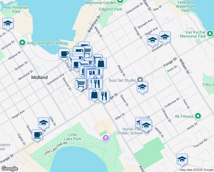 map of restaurants, bars, coffee shops, grocery stores, and more near 347 Midland Avenue in Midland