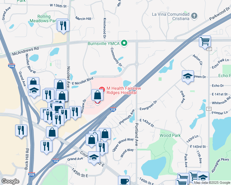 map of restaurants, bars, coffee shops, grocery stores, and more near 305 East Nicollet Boulevard in Burnsville
