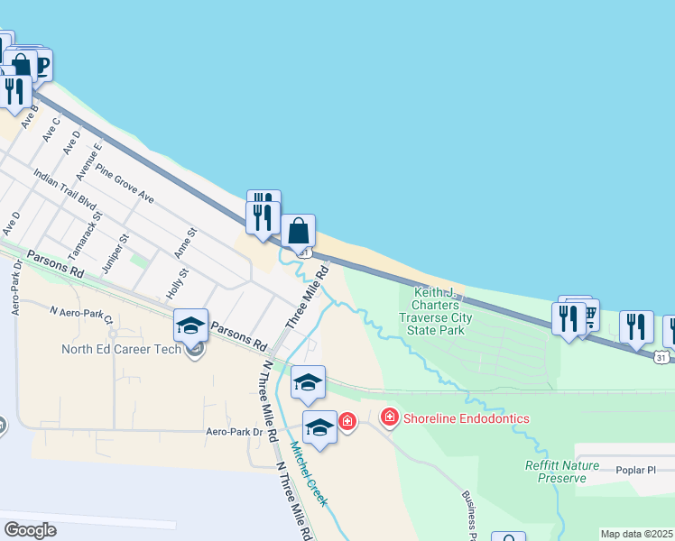 map of restaurants, bars, coffee shops, grocery stores, and more near 940 U.S. 31 in Traverse City