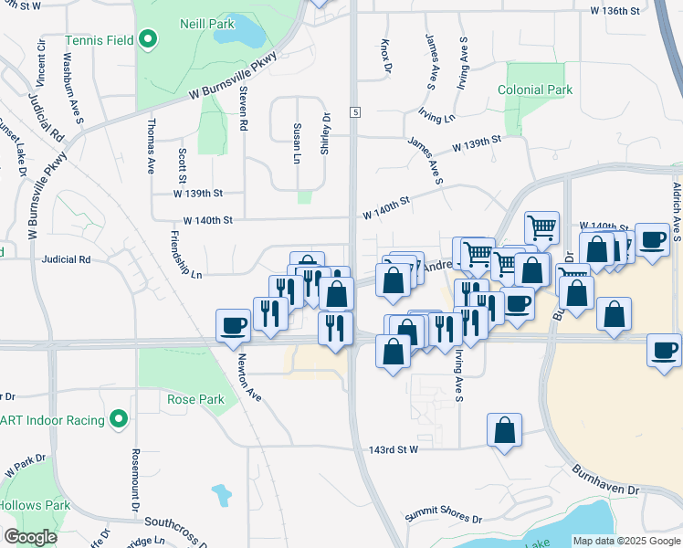 map of restaurants, bars, coffee shops, grocery stores, and more near in Burnsville