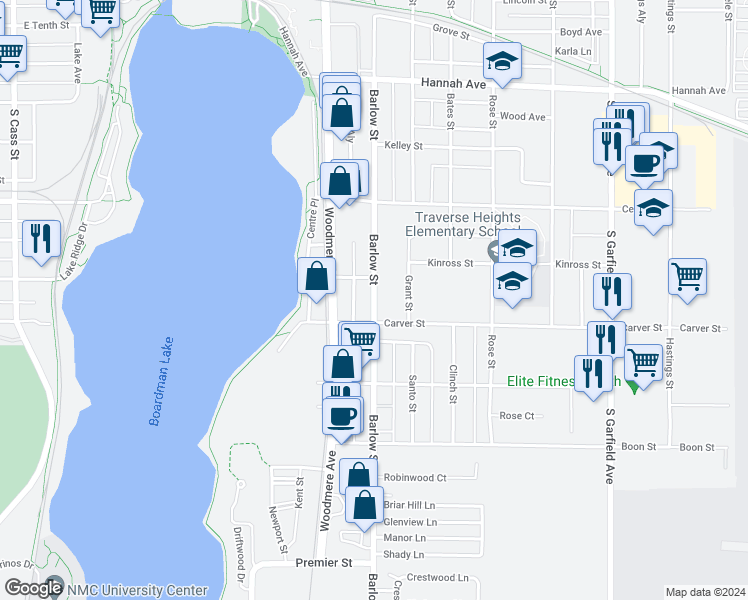 map of restaurants, bars, coffee shops, grocery stores, and more near 1000 Barlow Street in Traverse City
