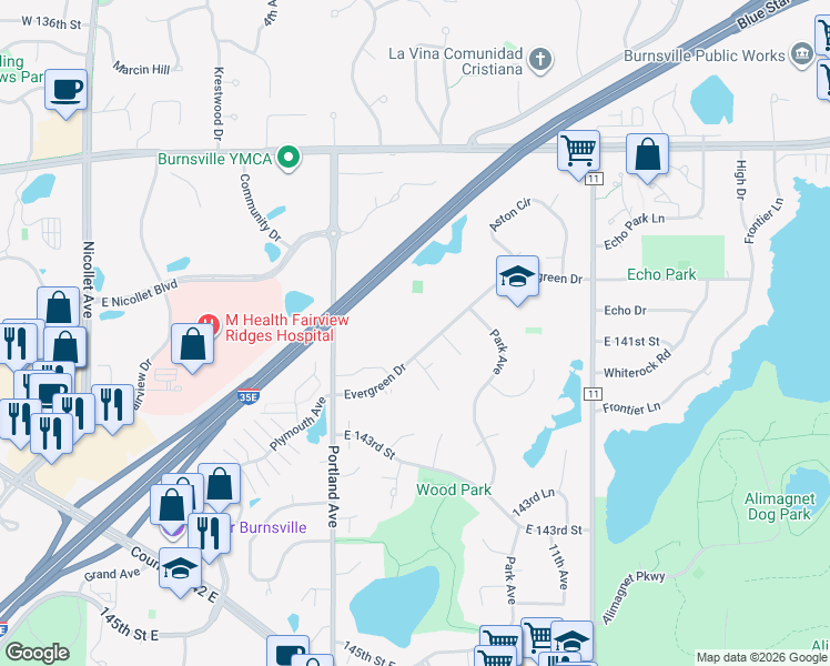 map of restaurants, bars, coffee shops, grocery stores, and more near in Burnsville