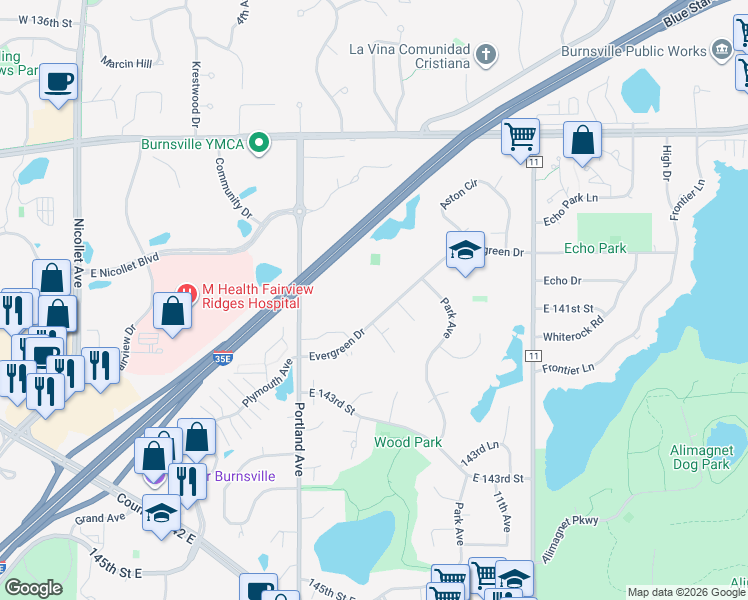 map of restaurants, bars, coffee shops, grocery stores, and more near in Burnsville