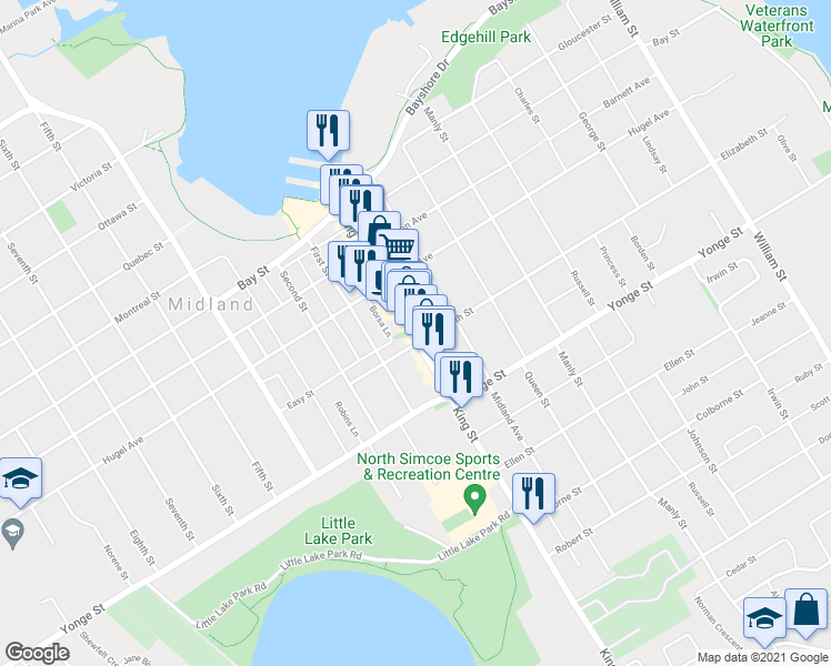 map of restaurants, bars, coffee shops, grocery stores, and more near 354 King Street in Midland