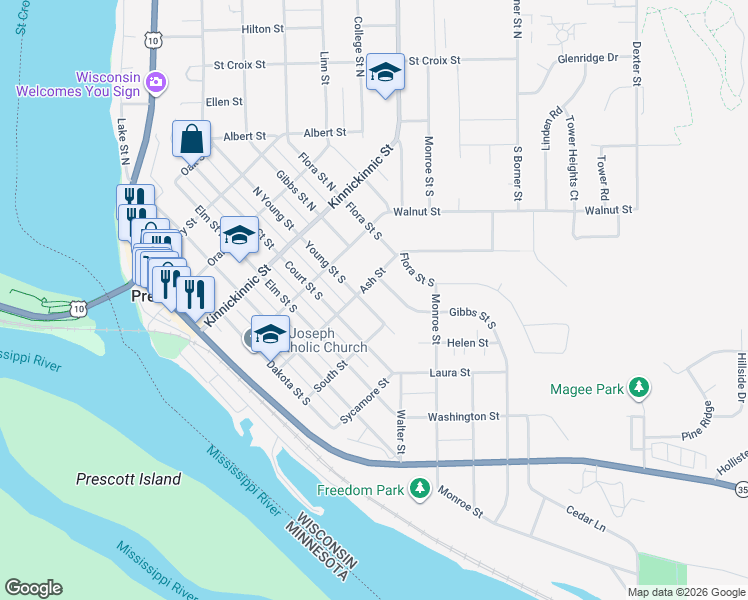map of restaurants, bars, coffee shops, grocery stores, and more near 387 Young Street South in Prescott
