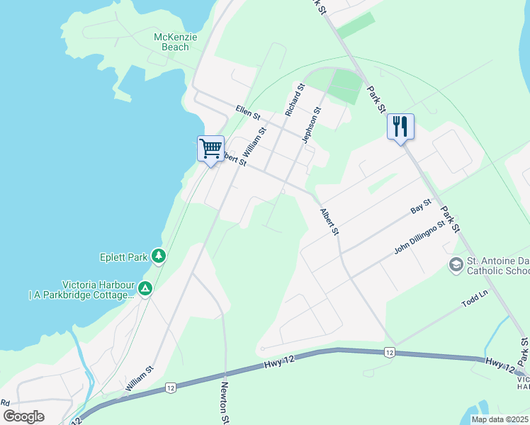 map of restaurants, bars, coffee shops, grocery stores, and more near 180 Jephson Street in Simcoe County