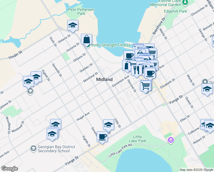 map of restaurants, bars, coffee shops, grocery stores, and more near in Midland