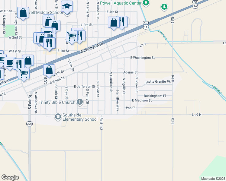 map of restaurants, bars, coffee shops, grocery stores, and more near 386 South Hamilton Street in Powell