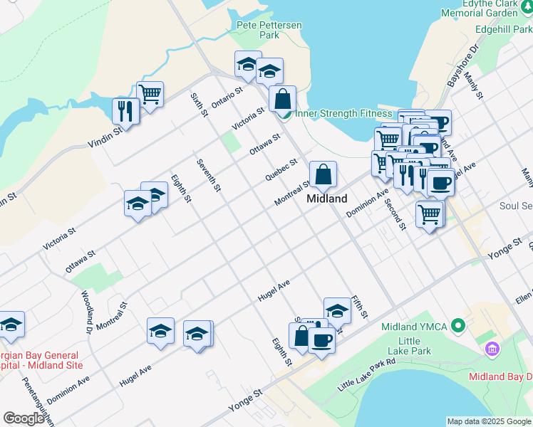 map of restaurants, bars, coffee shops, grocery stores, and more near 6 Street in Midland