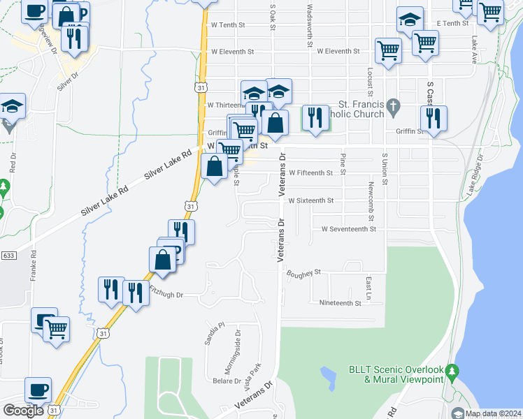 map of restaurants, bars, coffee shops, grocery stores, and more near 501 Georgetown Drive in Traverse City