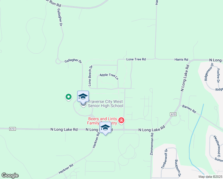 map of restaurants, bars, coffee shops, grocery stores, and more near Lone Beech Drive in Traverse City