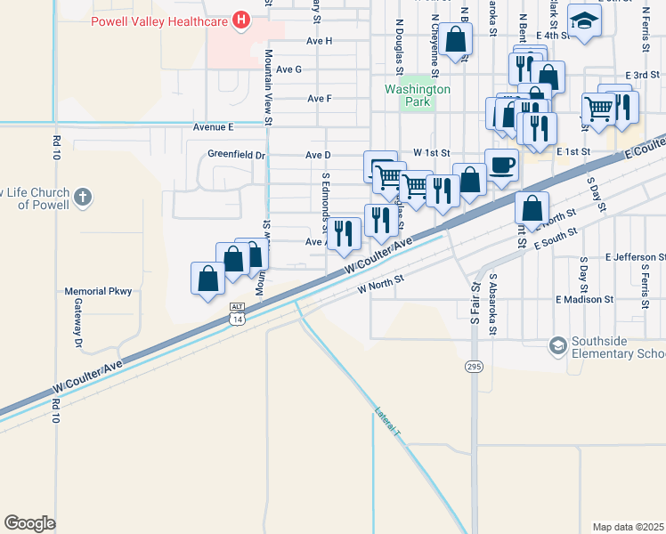 map of restaurants, bars, coffee shops, grocery stores, and more near 555 Powell Highway in Powell