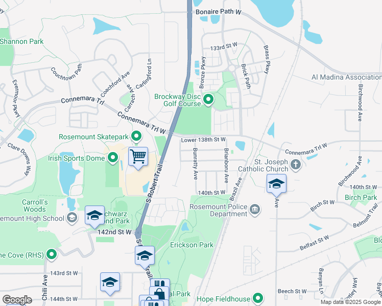 map of restaurants, bars, coffee shops, grocery stores, and more near 2880 Lower 138th Street West in Rosemount