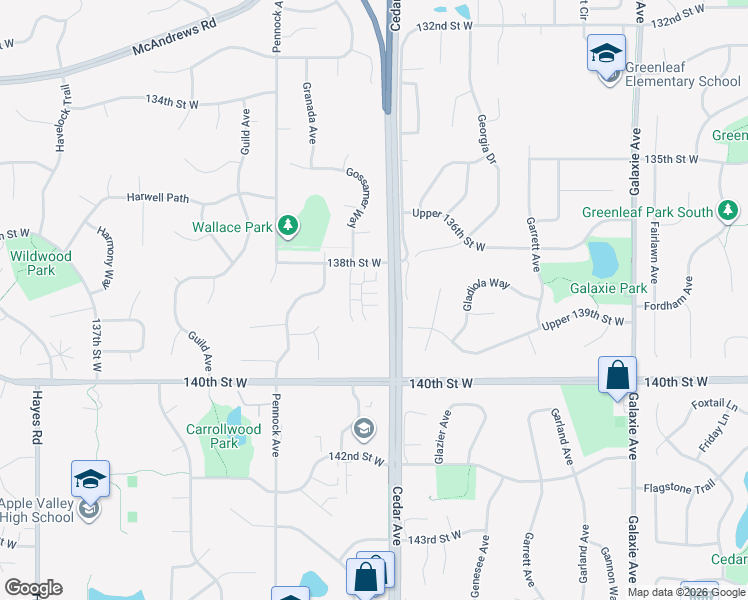 map of restaurants, bars, coffee shops, grocery stores, and more near 13868 Granada Way in Apple Valley