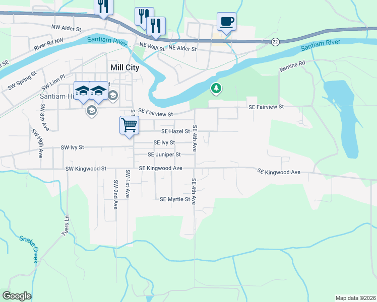 map of restaurants, bars, coffee shops, grocery stores, and more near 355 Southeast Juniper Street in Mill City