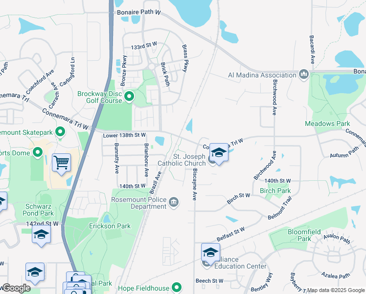 map of restaurants, bars, coffee shops, grocery stores, and more near 13817 Blanca Court in Rosemount