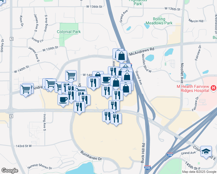 map of restaurants, bars, coffee shops, grocery stores, and more near 810 County Road 42 West in Burnsville