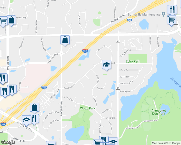 map of restaurants, bars, coffee shops, grocery stores, and more near in Burnsville