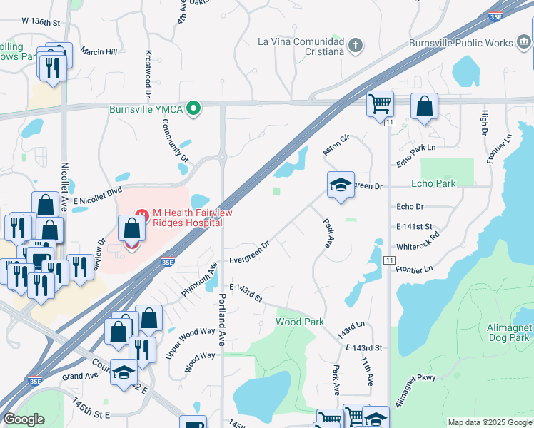 map of restaurants, bars, coffee shops, grocery stores, and more near 760 Evergreen Drive in Burnsville