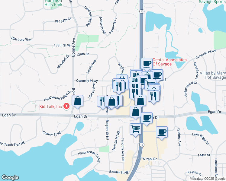 map of restaurants, bars, coffee shops, grocery stores, and more near 14071 Virginia Avenue in Savage