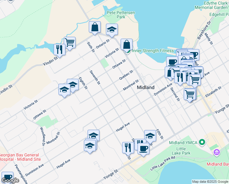 map of restaurants, bars, coffee shops, grocery stores, and more near 174 Sixth Street in Midland