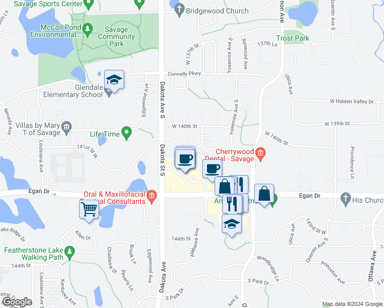 map of restaurants, bars, coffee shops, grocery stores, and more near 14115 Alabama Avenue in Savage