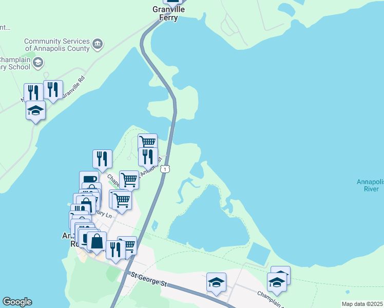 map of restaurants, bars, coffee shops, grocery stores, and more near Highway 1 in Annapolis Royal