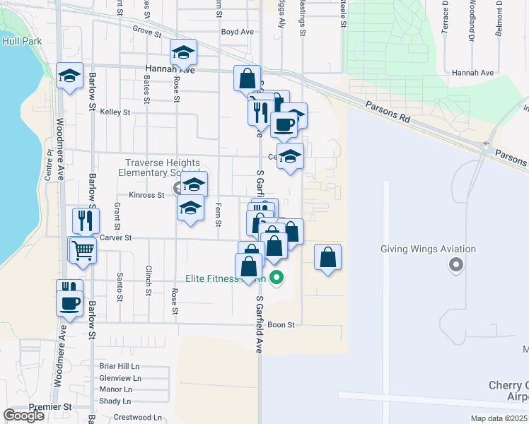 map of restaurants, bars, coffee shops, grocery stores, and more near 1099 S Garfield Ave in Traverse City