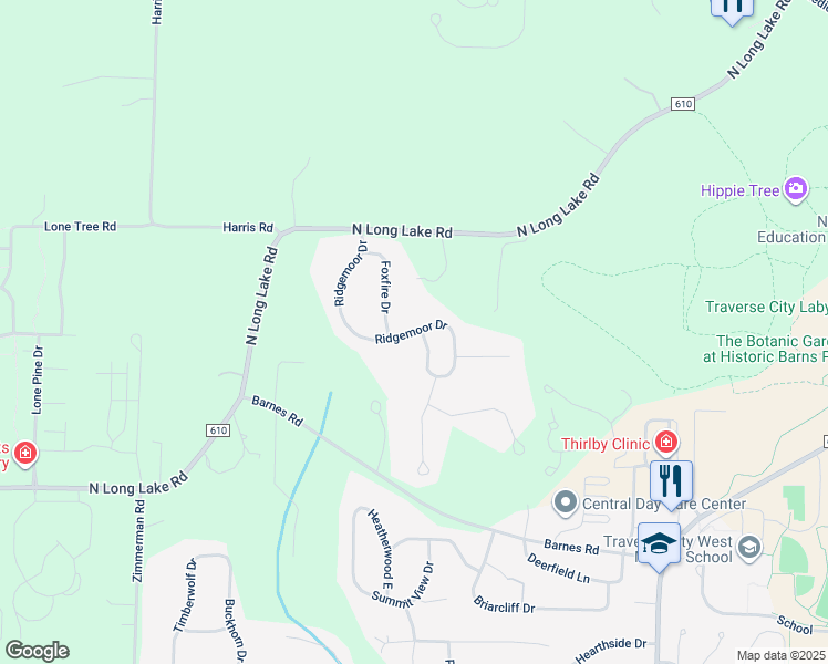 map of restaurants, bars, coffee shops, grocery stores, and more near 4310 Ridgemoor Drive in Traverse City
