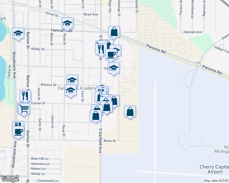 map of restaurants, bars, coffee shops, grocery stores, and more near 1000 Hastings Street in Traverse City